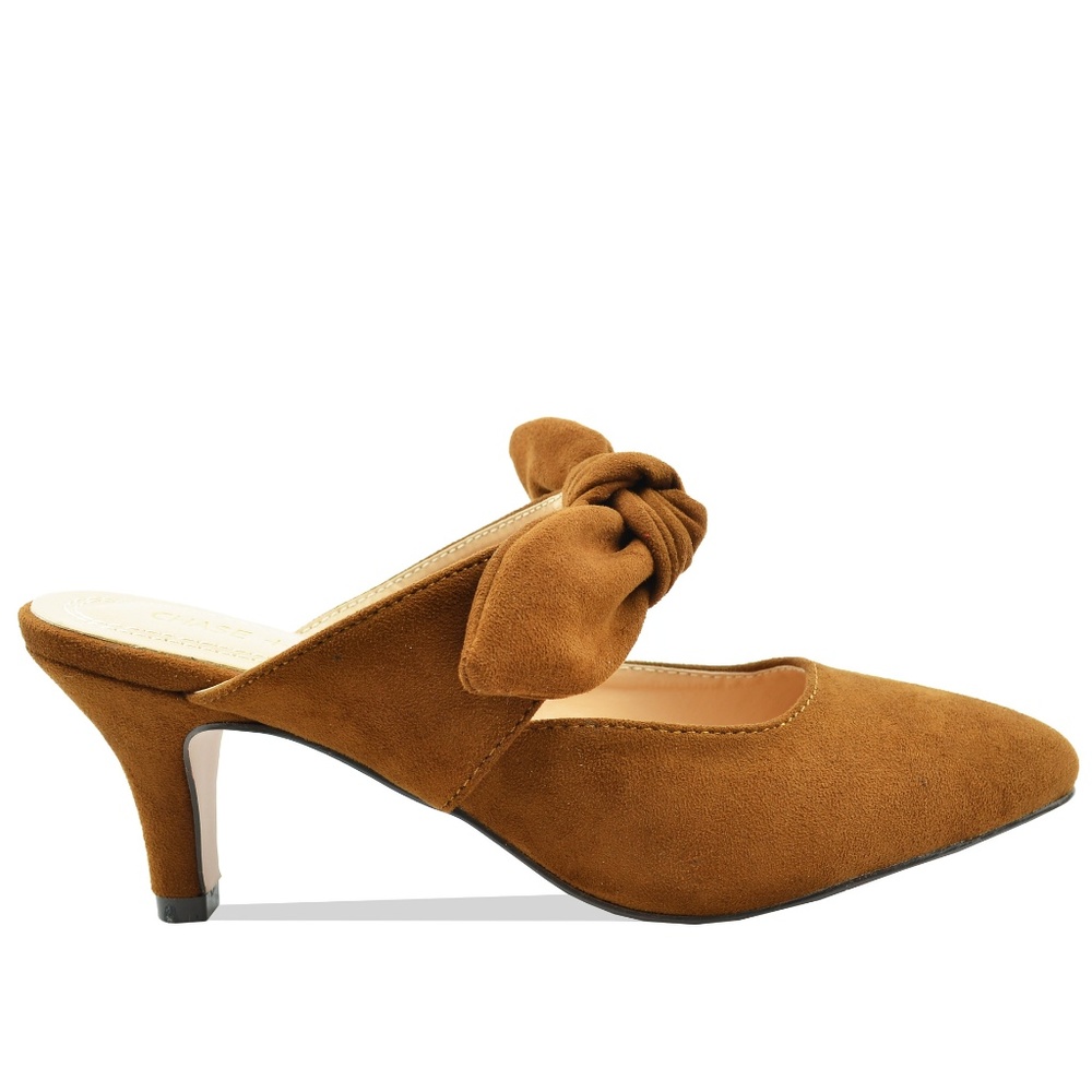 Women's Mary Jane Tan Low Heel Mules With Bow - (Z087)